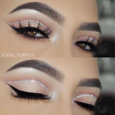 Silver Cut Crease, Black Winged Eyeliner, Cut Crease Hooded Eyes, New Makeup Ideas, Cut Crease Eyeshadow, Silver Makeup, Prom Eye Makeup, Neutral Eyes, Cut Crease Makeup