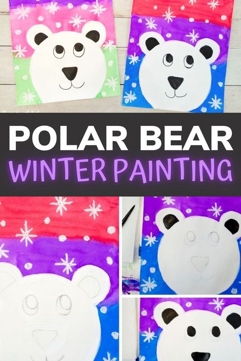 This polar bear winter painting is so adorable and colorful! We used a mixed media approach to make these paintings and a clever way for kids to draw the polar bear all on their own. Kids will love creating their own cute polar bear art! Winter Painting For Kids, Polar Bears Kindergarten, Polar Bear Drawing, Winter Art Lesson, Winter Drawings, Polar Bear Art, Watercolor Supplies, Bear Watercolor, Winter Art Projects