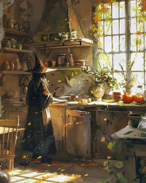 Potions Aesthetic Drawing, Kitchen Witch Illustration, Kitchen Witch Kitchen, Witch’s Kitchen, Witch Room Art, Magic Witch Aesthetic, Witchtober 2023, Magic Spices, Kitchen Witch Art