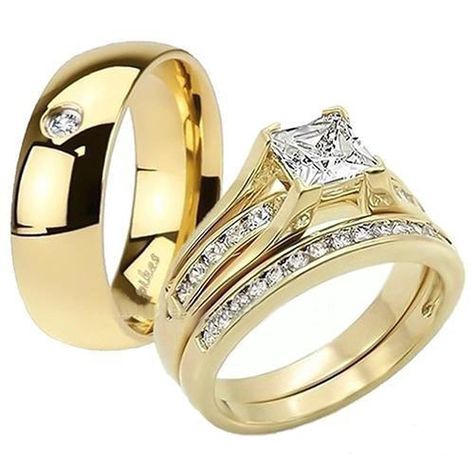 His and Her 14K G.P. Stainless Steel 3pc Wedding Engagement Ring and Men's Band Set ** For more information, visit image link. (This is an affiliate link) #WeddingandEngagement Camo Wedding Rings, Wedding Rings Sets His And Hers, Classic Wedding Band, Wedding Engagement Ring, Bridal Ring Sets, Band Engagement Ring, Mens Band, Gold Wedding Rings, Mens Wedding Rings