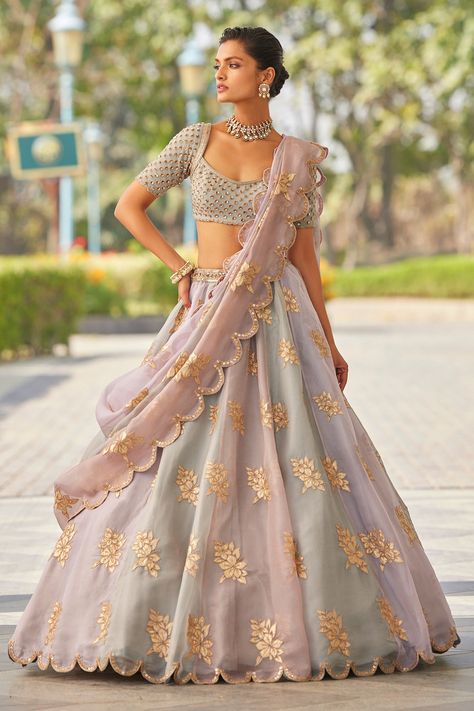 Shop for these amazing collections of Grey Lehenga And Dupatta Organza Hand Embroidered Floral Applique Set For Women by Vvani by Vani Vats online at Aza Fashions. Flower Lehenga, Vani Vats, Grey Lehenga, Lehenga Pattern, Organza Lehenga, Lehenga Designs Simple, Indian Dresses Traditional, Indian Wedding Wear, Half Sleeve Blouse