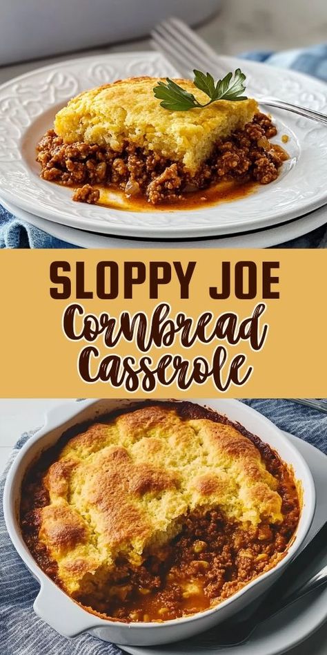 This Sloppy Joe Cornbread Casserole is the ultimate comfort food! Juicy, flavorful sloppy joe filling is layered with sweet, crumbly cornbread to create a hearty, satisfying casserole that’s perfect for family dinners or potlucks. 🍲🍞 Pin this recipe and treat your family to a delicious, cozy meal! #SloppyJoeCasserole #CornbreadCasserole #ComfortFood #FamilyDinners #EasyCasseroleRecipes #HeartyMeals Sloppy Joe Casserole Cornbread, Cornbread Sloppy Joe, Sloppy Joe Cornbread Casserole, Sloppy Joe Cornbread, Cornbread Pie, Cornbread Topping, Fluffy Cornbread, Cornbread Casserole Recipe, Sloppy Joe Casserole