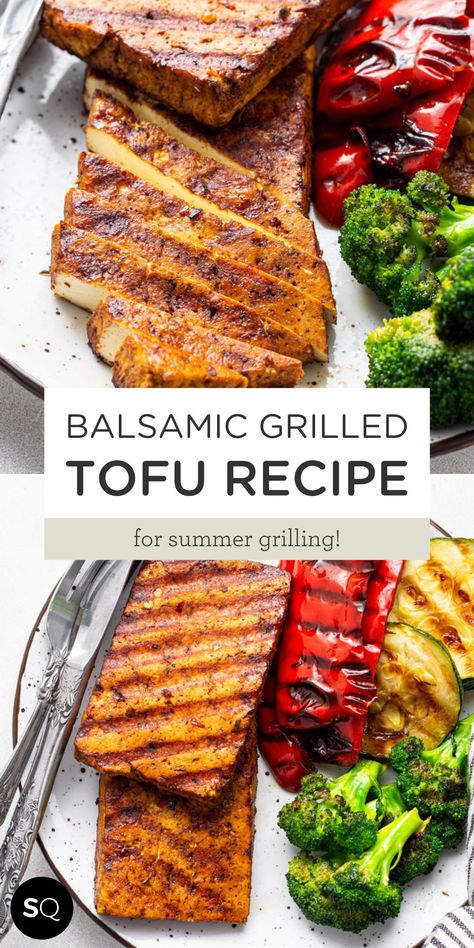 This is the best Grilled Tofu recipe with an easy and spicy balsamic glaze for summer grilling. Serve this high-protein entree with your favorite grilled veggies! Tofu is such a versatile protein option. Sure, there may be people out there who think tofu isn't for them. But this savory, sweet and spicy balsamic grilled tofu recipe is about to change their minds. Balsamic Grilled Tofu | Vegan & Gluten-Free Lunch or Dinner Idea | Simply Quinoa Grilled Tofu Salad Recipes, Marinated Grilled Tofu, Tofu Foil Packets, Low Calorie Tofu Marinade, Grill Tofu Recipes, Vegetarian Smoker Meals, Tofu On The Grill, Tofu On Blackstone, Blackstone Tofu Recipes