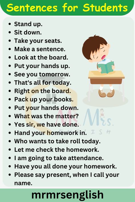 Classroom Phrases For Teachers, Classroom Sentences, Basic English Conversation, Classroom Phrases, Learn English Kid, Classroom English, Sentences In English, English Conversation For Kids, Basic English Grammar Book