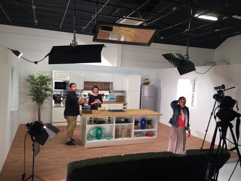 Our video studio is converted into a Kitchen for a commercial #lighthousestudio #dubai #kitchen Cooking Studio Interior, Kitchen Filming Studio, Cooking Show Set Design, Cooking Studio Design, Cooking Show Set, Live Stream Setup, Cooking Chef Aesthetic, Podcast Room Ideas, Dubai Kitchen