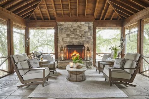 24 Back Porch Ideas to Inspire Your Outdoor Retreat Enclosed Pavilion Outdoor Living, Vaulted Back Porch With Fireplace, 3 Season Porch With Fireplace, Outdoor Spaces Outdoor Living, Back Porch With Fireplace, Covered Porch With Fireplace, 3 Season Porch Ideas, Porch With Fireplace, Back Porch Designs