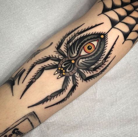 Spider Tattoo Traditional, Elbow Tattoo Ideas, Tato Tradisional, Eyeball Tattoo, Traditional Tattoo Inspiration, Elbow Tattoo, Web Tattoo, Insect Tattoo, Bug Tattoo