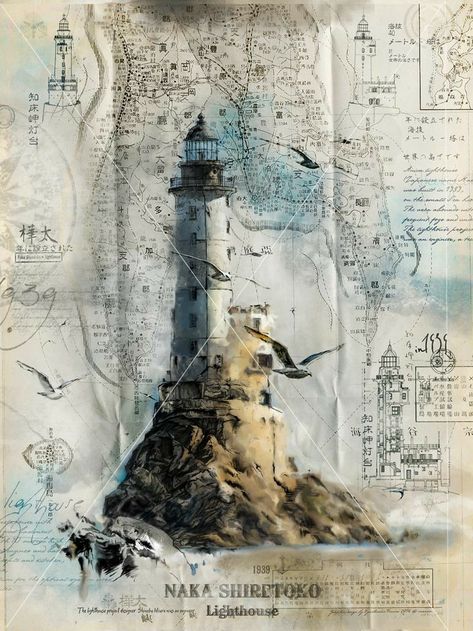 Aniva Lighthouse, Stary Papier, Navi A Vela, Lighthouse Painting, Lighthouse Pictures, Lighthouse Art, Boat Art, Decoupage Vintage, Old Maps