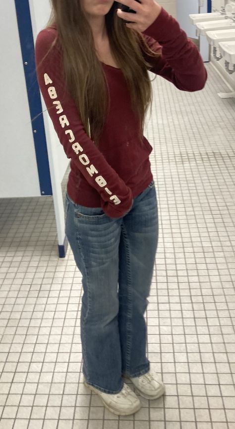 CUTE FIT TEEN 2000s TEENAGE SCHOOL RED FALL JEAN BOOTCUT FLARE 90s OUTFIT Bootcut Jeans Outfit Teens, Flare Jeans School Outfit, Modest Low Rise Jeans Outfit, Fall Outfit Flare Jeans, Fall Bootcut Jeans Outfits, Cute Bootcut Jean Outfits, Outfit Ideas Bootcut Jeans, Bootcut Jeans Outfit Winter, Outfit Ideas Flare Jeans