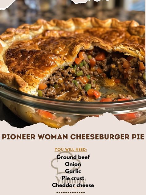 🍔🥧 Dive into the comfort of Pioneer Woman Cheeseburger Pie! A homestyle twist on your favorite burger. #ComfortFood #CheeseburgerPie Pioneer Woman Cheeseburger Pie Recipe This savory pie brings all the classic flavors of a cheeseburger into a delicious, easy-to-serve dish. Ingredients: Ground beef: 500g Onion, chopped: 100g Garlic, minced: 5g Pie crust (store-bought or homemade): 1 Cheddar cheese, shredded: 150g Eggs: 2 Milk: 120ml Worcestershire sauce: 10ml Salt and pepper to taste Ketch... Ground Beef And Pie Crust Recipes, Cheeseburger Pie With Crust, Hamburger Pie Recipes, Hamburger Pie, Beef Pie, Garlic Cheddar, Beef Pot Pies, Cheeseburger Pie, Beef Pies