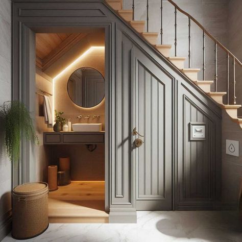 28 Powder Room Under Stairs Design Ideas » HomeDecorFull Water Closet Under Stairs, Powder Bath Under Staircase, Under Stair Powder Room Ideas, Sauna Under Stairs, Understairs Toilet Decor Ideas, Staircase Under Space Ideas, Under Stairs Wc Ideas, Washroom Under Stairs, Powder Bath Under Stairs