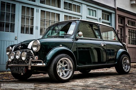 My realistic dream car. 1960's Mini in British Racing Green, white stripes and a rally kit. One day. Classic Mini Cooper, Mini Morris, Mini Cooper Classic, Bmw Classic Cars, Porsche Classic, Mini Coopers, Austin Mini, British Racing Green, Bmw Classic