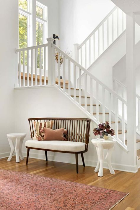 Boho Bungalow, White Staircase, Taupe Walls, Stairs Design Interior, Staircase Wall, Wood Staircase, Interior Design Work, Interior Design Photos, Interior Stairs