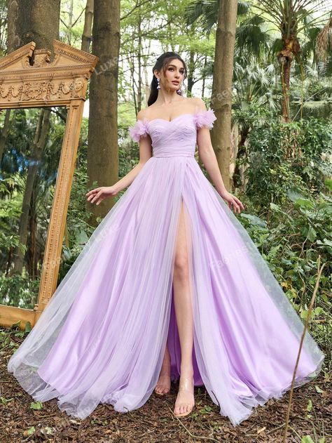 Pastel Purple Off Shoulder Split Thigh Mesh Formal Dress Formal Ball Gown For WomenI discovered amazing products on SHEIN.com, come check them out! Pastel Purple Prom Dress, Purple Dress Formal, Mesh Formal Dress, Evening Wedding Guest Dresses, Evening Gala, Violet Pastel, Wedding Dresses For Kids, Prom Dresses Elegant, Formal Ball Gown