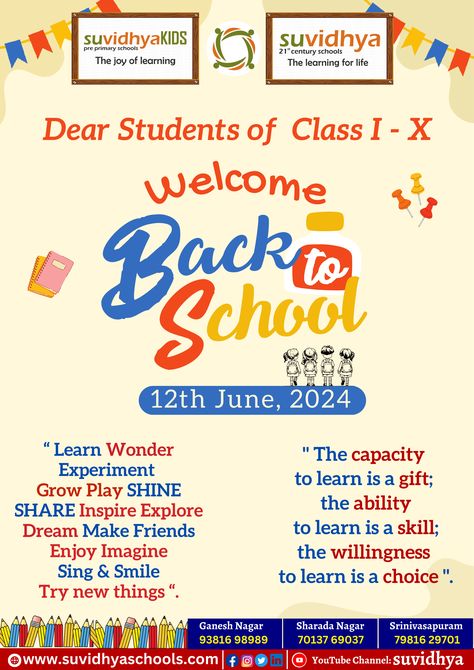 Welcome Back to School !
Students Class 1 to 10
on
12th june, 2024

#school #schools #suvidhya #suvidhyaschools #suvidhyabranches #june #schoolopen #reopen #schoolreopen #admissions #admissionsopen #schooladmissions Welcome Back To School Posters, School Reopen, School Opening, School Admissions, Welcome Back To School, School School, School Posters, June 2024, School Students