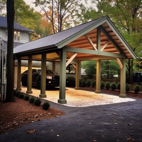 Carport Porch Carport Combo, Gazebo Carport Ideas, Car Port Ideas Front Of House, Pergola Style Carport, Carport Addition To House Side, 2 Car Carport Ideas, Manufactured Home Carport, Garage Enclosure Ideas, Carport Farmhouse