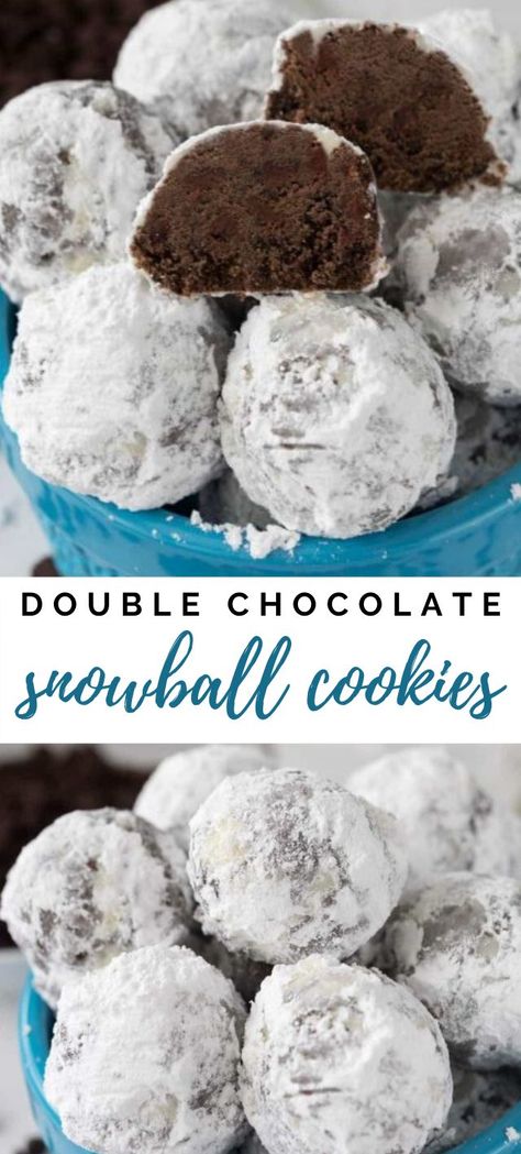 These Double Chocolate Snowball Cookies are my most favorite Russian Teacake recipe yet! They're full of rich cocoa powder and chocolate chips - NUT FREE! Chocolate Snowball Cookies, Chocolate Snowballs, Dessert Original, Pie Cupcakes, Tea Cakes Recipes, Snowball Cookies, Tea Cake, Xmas Cookies, Think Food