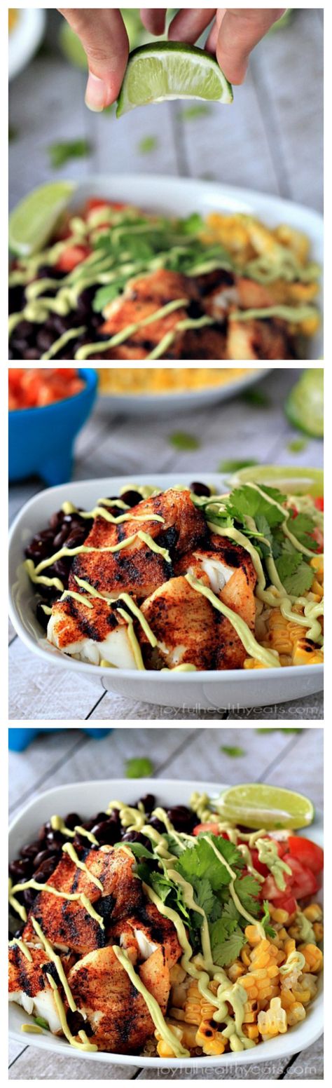 Grilled Tilapia Bowls with Chipotle Avocado Crema // ready in 30 minutes #healthy #lowcarb #protein Fish Marinades, Quinoa Mexican, Salmon Ideas, Grilled Tilapia, Avocado Crema, Mexican Recipe, Quinoa Bowl, Sukkot, God Mat