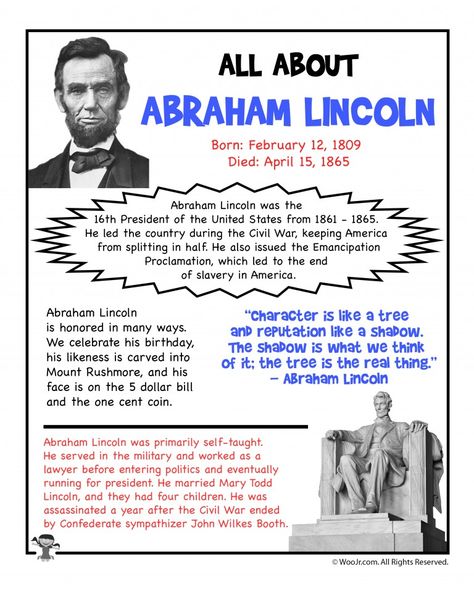 Abraham Lincoln Printables | Woo! Jr. Kids Activities Abraham Lincoln For Kids, Abraham Lincoln Activities, Abraham Lincoln Facts, Abraham Lincoln Biography, 5th Grade Worksheets, American History Lessons, Social Studies Worksheets, Facts For Kids, History Projects