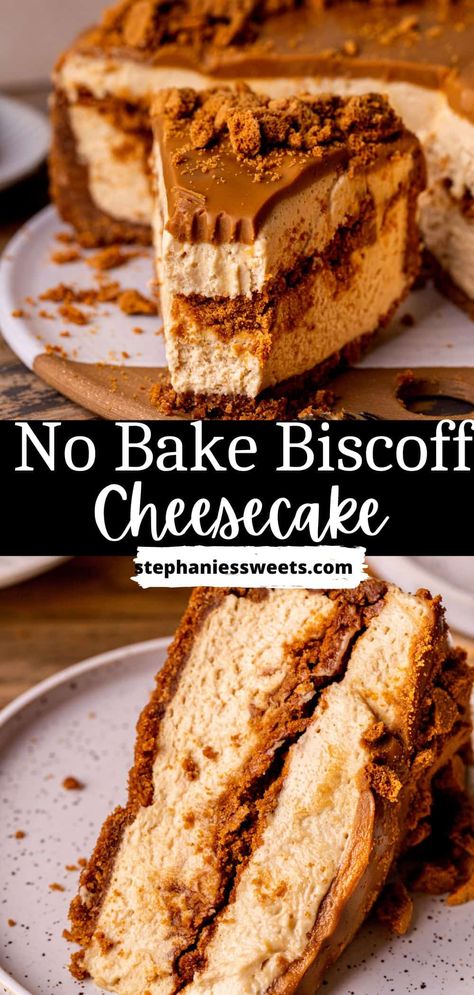 This no bake Biscoff cheesecake is super decadent! It has a Biscoff cookie crust, no bake cookie butter cheesecake, a layer of melted cookie butter and crumbled cookies in the middle. Topped with melted cookie butter and more crushed cookies. White Chocolate Biscoff Cheesecake, Biscoff Cheesecake Decoration, No Bake Sugar Cookie Cheesecake, Cookie Butter Cheesecake No Bake, Cookie Butter Trifle, Cheesecake Recipes Biscoff, Cookie Butter Crunch Cake, Cookie Butter Cheesecake Bars, Biscoff Butter Cake