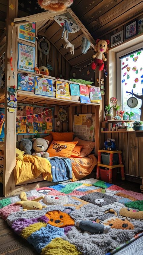 Colorful children's bedroom with wooden bunk bed, stuffed animals, and playful decor for a fun and imaginative space for kids. Cozy Bunk Bed Ideas, Stuffed Animal Storage Ideas For Adults, House Bed Kids Room, Stuffed Animal Play Ideas, Colorful Childrens Room, Stuffed Animals Aesthetic Bedroom, Multiple Kids Bedroom, Boy Space Room, Bottom Bunk Ideas