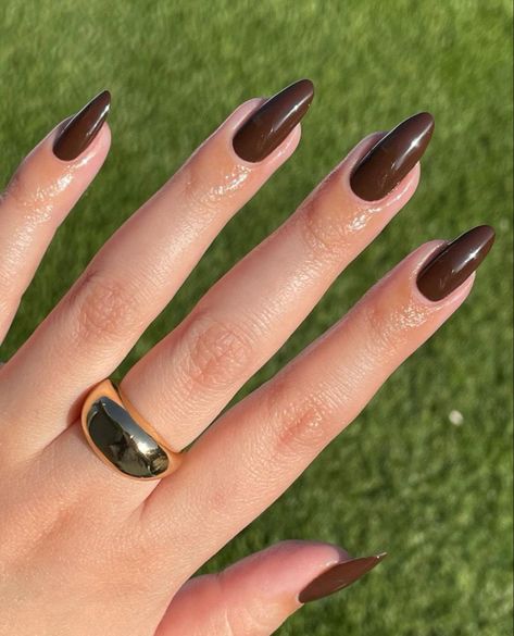 Dark Brown Acrylic Nails Almond, Dark Brown Oval Nails, Dark Brown Nails Almond, Fair Skin Nails, Dark Brown Almond Nails, Brown Oval Nails, Classy Brown Nails, Dark Brown Nails, Beautiful Fall Nails