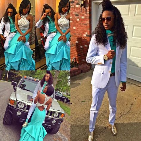 Turquoise And White Turquoise Prom Couple, Stud Prom, Gay Prom, Couple Prom Outfits, Prom Tux, Tomboyish Outfits, Prom Colors, Prom Goals, Lesbian Outfits