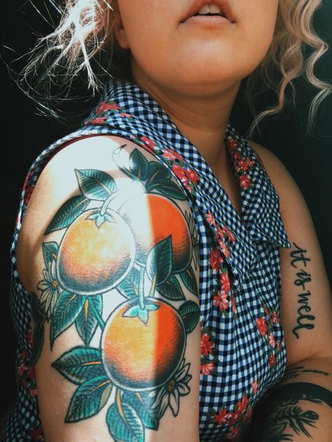 Orange blossom tattoo Done by Jake Lehmann in Tucson, Arizona Florida Orange Blossom Tattoo, Orange Blossom Tattoo Traditional, Orange Tattoo Traditional, Oranges Tattoo, Orange Blossom Tattoo, Orange Tattoo, Arm Tats, Blossom Tattoo, Dad Tattoos