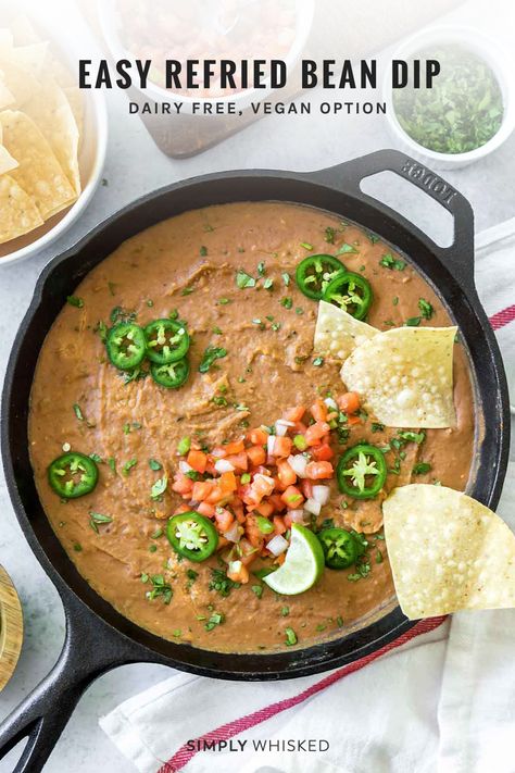 Dairy Free Football Party Food, Non Dairy Dip Recipes, No Dairy Dips, Gluten Free Bean Dip, No Cheese Appetizers Dairy Free, Dairy Free Bean Dip Recipes, Vegan Bean Dip, Dips With Refried Beans, Dairy Free Dips For Parties