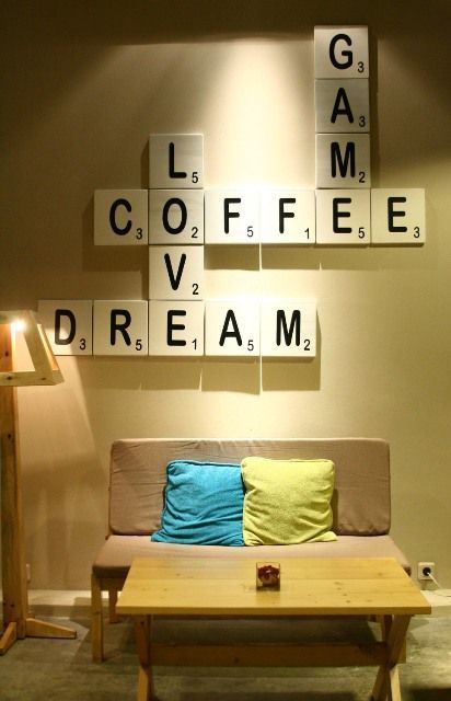 26 Best Wall Decor Ideas - For more #decorating #best #wall #decor Modern, Bohemian Wall Decorating Scrabble Wall Decor, Coffee House Decor, Scrabble Wall, Coffee Shop Design, Scrabble Tiles, Coffee Shop Decor, Office Walls, Coffee Cafe, Cafe Interior