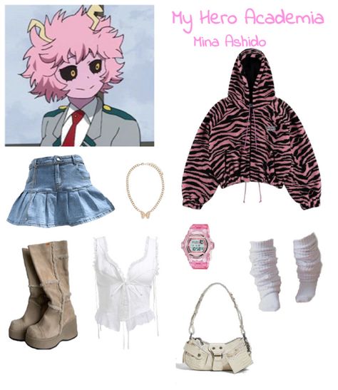 Mina Ashido Inspired Outfit, Mina Ashido Clothing Style, Mina Ashido Outfit Ideas, Mina Ashido Outfit, Outfits Inspired By Anime Characters, Mha Outfit Ideas, Mha Inspired Outfits, Anime Inspired Outfits Casual, Mha Hero Outfit Ideas