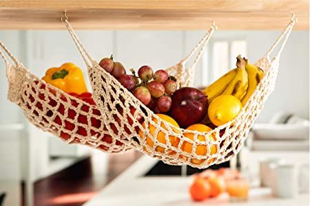 Fruit Hammock Under Cabinet, Under Cabinet Fruit Basket, Under Cabinet Fruit Storage, Fruit Holder Ideas Kitchen, Fruit Bowl Ideas Decor Counter Space, Crochet Fruit Hammock, Kitchen Hammock, Under Cabinet Fruit Hammock, Hanging Fruit Hammock