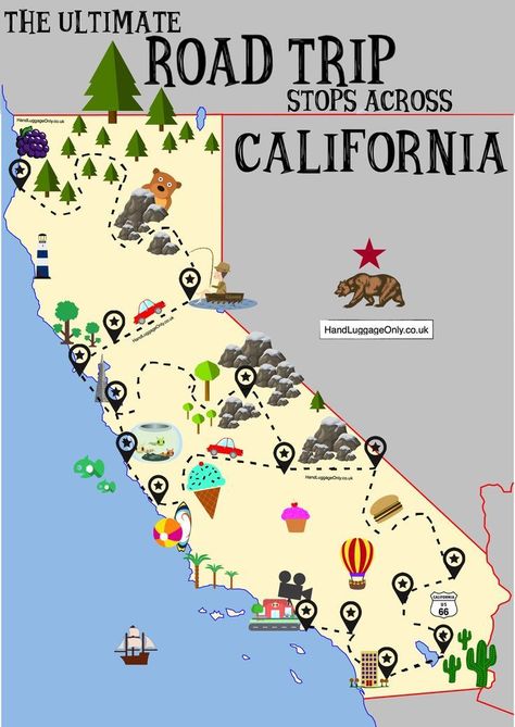 The Ultimate Road Trip Map Of Places To See In California #california #roadtrip #tips Places To Visit In California, Road Trip Stops, California Roadtrip, Ultimate Road Trip, Road Trip Map, West Coast Road Trip, California Vacation, Us Road Trip, California Map