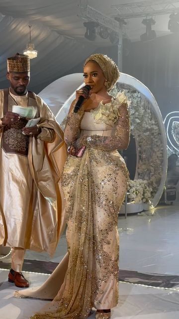 Pretty Talker on Instagram: "@dansamari_phone_store and his babygirl❤️❤️🥂✨🎉 . . Mua: @thestudio_meems . . . THEAFWEDDING23 Planning and coordination @evolution_ushers @event__goddess Decor & florist Design @envoguesignatureevents Light and special effects @focusdigitalsabuja Dj:@realdjwhyte Ushers/Bouncers @evolution_ushers @event__goddess Catering: @passiononaplate_ Photography @khalifah_photography Mc @mc_raheena, @prinz_talker @shadow_mcfr Mocktails /smallchops @chopiliciousc Nikkah African, Nigerian Wedding Venues, Nigirian Wedding Dress, Aso Ebi Long Sleeve, Nigerian Wedding Photography, Interracial Nigerian Wedding, Hausa Bride, Nigerian Traditional Dresses, Lace Styles For Wedding