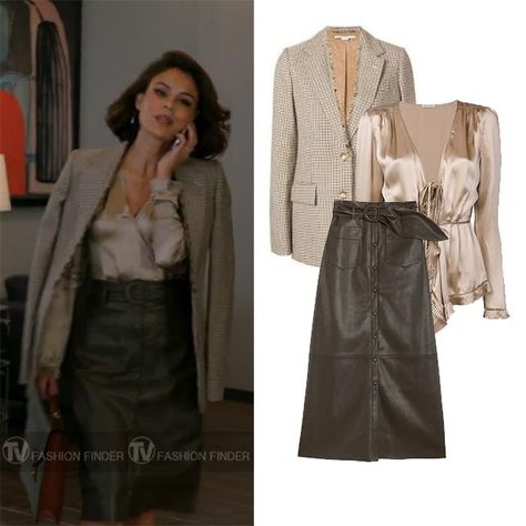 Cristal Carrington in beige checked blazer, silk blouse and leather skirt #fashion #dynasty #style Beige Silk Blouse Outfit, Silk And Leather Outfit, Dynasty Cristal Outfits, Cristal Carrington Outfits, Silk Blouse Outfit Classy, Dynasty Outfits Cristal, Dynasty Cristal, Fallon Carrington Outfit, Fallon Outfits