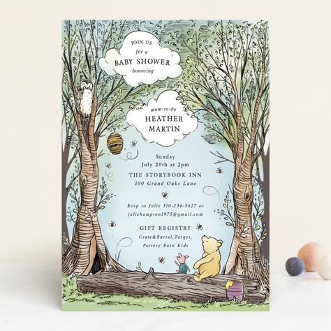 "Disney's Winnie the Pooh in the Wood" - Baby Shower Invitations in Sky by Becky Nimoy. Storybook Baby Shower Theme, Golden Book Baby Shower, February Baby Showers, Whimsical Baby Shower, Shower Insert, Storybook Baby Shower, Baby Shower Theme Decorations, Disney Baby Shower, Vintage Baby Shower