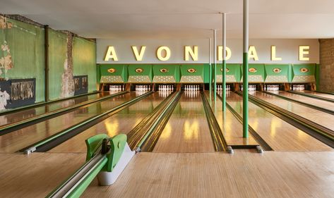 Avondale Bowl House Cocktails, Architecture Center, Wooster Ohio, Clubhouse Design, Roller Skating Rink, Hollywood Aesthetic, Chicago Architecture, Bowling Alley, Stage Design