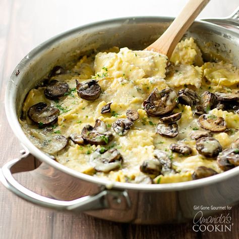 Creamy Mushroom Ravioli Mushroom And Cheese Ravioli, Cheese Ravioli With Mushrooms, Mushroom Ravioli Filling Recipe, Mushroom Filling For Ravioli, Maggianos Mushroom Ravioli Recipe, Mushroom Ravioli, Cheese Ravioli, One Pan Dinner, Ravioli Recipe