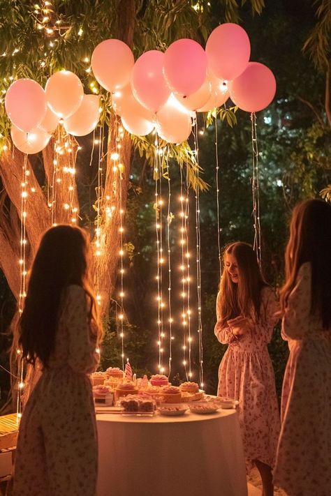 Outdoor teen girl birthday party with string lights, pink balloons, and a dessert table, with girls in matching floral dresses enjoying the celebration at night Teenage Party Themes, Birthday Ideas For 15th Girl, 16th Birthday Party Ideas Girl, Birthday Activities For Teenagers, 15th Birthday Party Ideas Girl, 15th Birthday Party Ideas At Home, Teenage Girl Birthday Party Ideas, Activities For A Birthday Party, Bday Party Themes For Teens