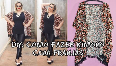 Como fazer kimono com franjas | CUSTOMIZANDO.NET - Blog de customização de roupas, moda, decoração e artesanato por Mariely Del Rey Look Kimono, Diy Kimono, Sewing Inspiration, Kimonos, Sequin Skirt, Sewing, Women's Top, Pink