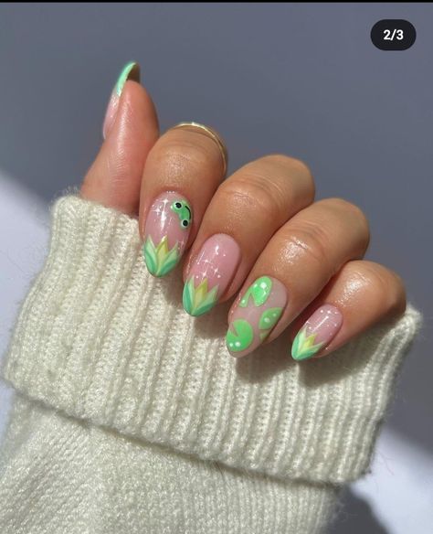 Princess And The Frog Nail, Frog Nail Art, Disneyland Nails, Animal Nail Designs, Disney Inspired Nails, Funky Nail Art, Nail Art For Beginners, Cute Nail, Animal Nails