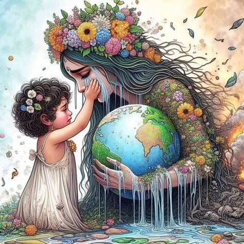 Protect Nature Drawing, Hippie Images, Earth Day Drawing, Mother Earth Art, Bottle Drawing, Protect Nature, African Art Paintings, Nature Drawing, Indian Art Paintings