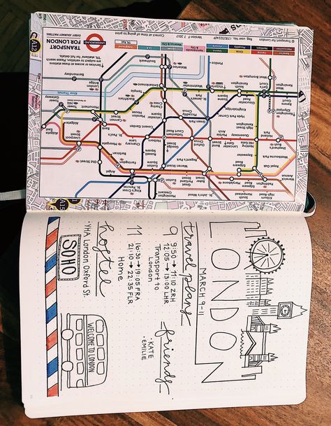 London Travel Journal Ideas, Bullet Journal Voyage, Travel Journal Pages, Travel Journal Scrapbook, Travel Collage, Wreck This Journal, Bullet Journal Layout, Bullet Journal Inspo, Journal Layout