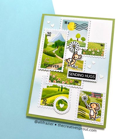 Patterned Paper and Postage Collage Dies Postage Stamps Collage, Postage Stamp Design, Lawn Fawn Cards, Postage Stamp Art, Monster Birthday, Friends Happy, Instagram Hashtags, New Blog Post, Stamp Crafts