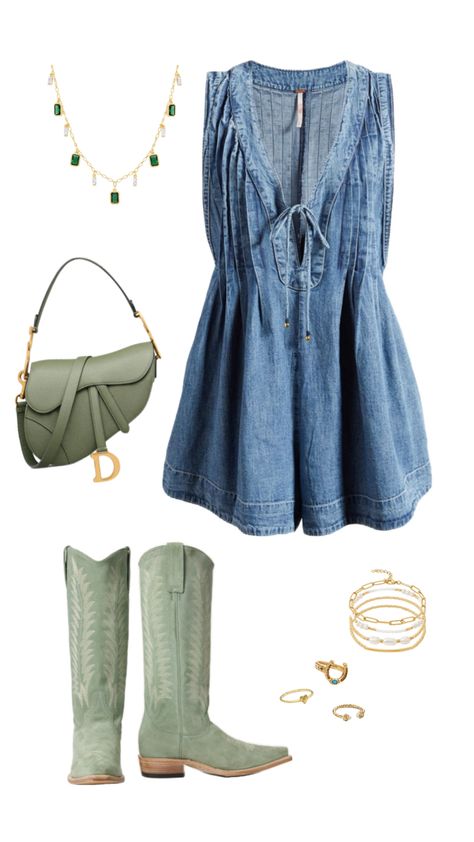 #denim #dress #boots #green #cowgirl #rodeo #country #concert Cowgirl Concert, Cowgirl Rodeo, Country Concert, Dress Boots, Dress With Boots, Rodeo, Denim Dress, Concert, Boots