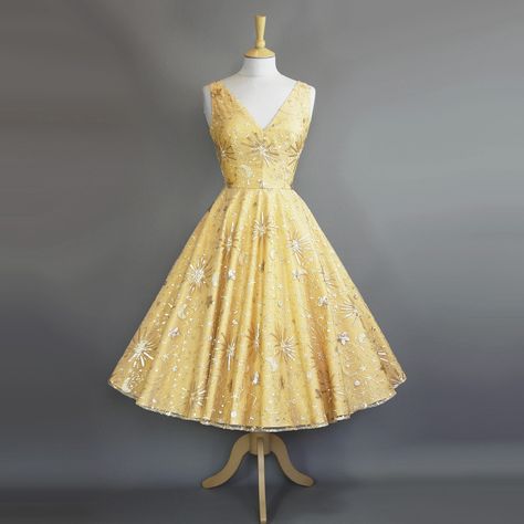 Gold Star & Moon Sequin Lace Wedding Dress in Rich Gold Taffeta 1950s With Circle Skirt Made to Order by Dig for Victory - Etsy 1950s Tea Length Wedding Dress, 1950s Wedding Dress Tea Length, Sequin Lace Wedding Dress, 1950s Prom Dress, Dig For Victory, Alternative Wedding Dress, 1950s Cocktail Dress, Tea Length Wedding, Alternative Wedding Dresses