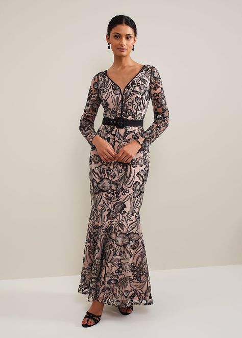 Nola V-Neck Embroidered Maxi Dress | Maxi Dres, Sequin Outfit, Embroidered Maxi Dress, Black Accessories, Dress Shapes, Phase Eight, Floor Length Dresses, Black Maxi Dress, Fall Dresses