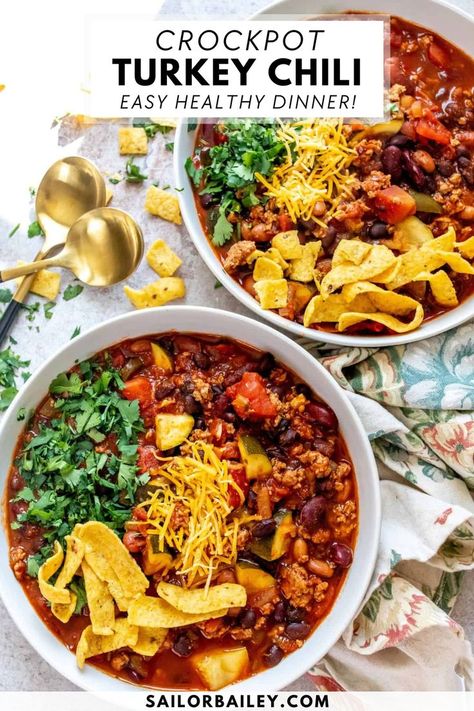 Delicious crockpot Turkey Chili is the perfect easy and healthy dinner recipe for fall and winter dinners - a simple make-ahead crockpot recipe for busy weeknights. This fall recipe is a delicious chili recipe that's gluten-free and dairy-free, plus great for meal prep. Gluten Free Crockpot Chili, Turkey Chili Crockpot Easy, Healthy Crockpot Chili Recipe, Chili Recipe Crockpot Turkey, Chili Recipe Crockpot Healthy, Crockpot Turkey Chilli, Healthy Turkey Chili Crockpot, Ground Turkey Chili Crockpot, Turkey Crockpot Chili