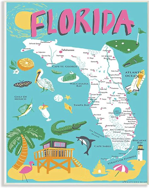 Amazon.com: Stupell Industries Florida Teal Blue and Pink Illustrated Scenic Map Poster Oversized Wall Plaque Art, 12 x 0.5 x 18, Multi-Color : Everything Else Southern Florida, Florida Map, Pine Island, Map Of Florida, Clearwater Florida, Sanibel Island, Sarasota Florida, Wall Art Plaques, Photo Vintage