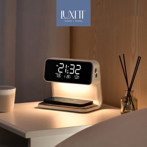 Bring technology to your home ✨ #chandelier #decor #homedesign #interior #luxury #modernbedroom #blackandwhite #lighting #interiordesign #homedecor #bedroominspo #monochrome #minimalist #decorinspo #contemporary Led Clock, Digital Clock, Nightstand Lamp, Types Of Buttons, Room Decorations, Electrical Outlets, Phone Charger, Bedside Lamp, Charging Station